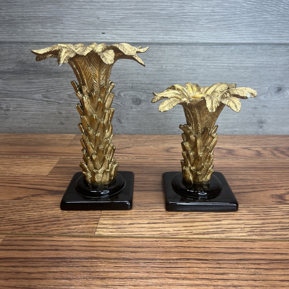 Home Interior Gold Palm Trees Black Base Taper Candleholders "RARE" Texas USA